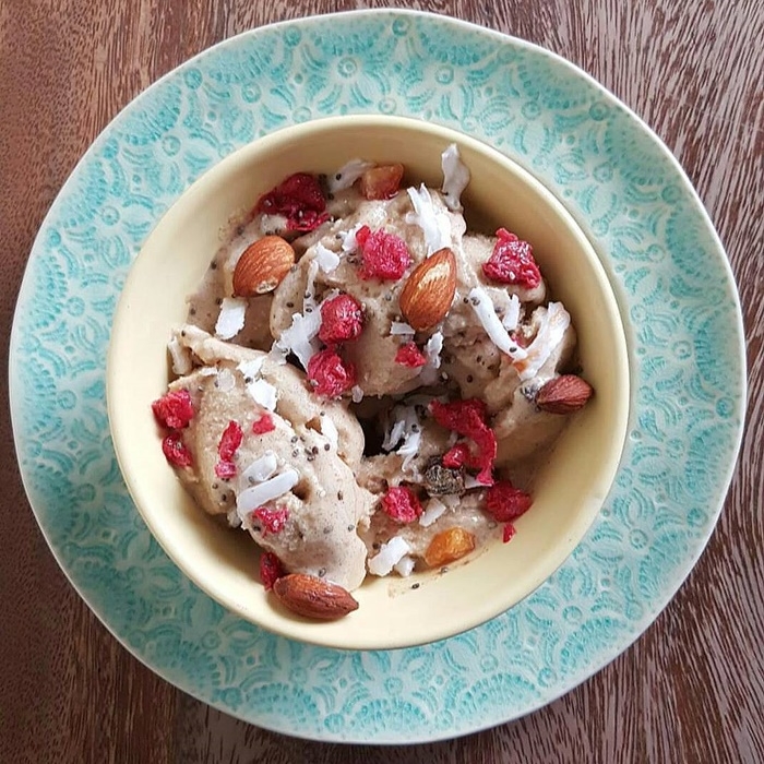 Vanilla Bean Almond Ice Cream with Berries, Cocoa Nibs, Young Coconut and Chia