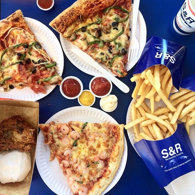 S&R's pizza, fries, drinks, and chicken with rice