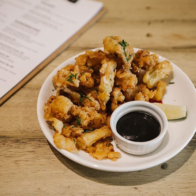 Salted Egg Baby Squid with Squid Ink Aioli