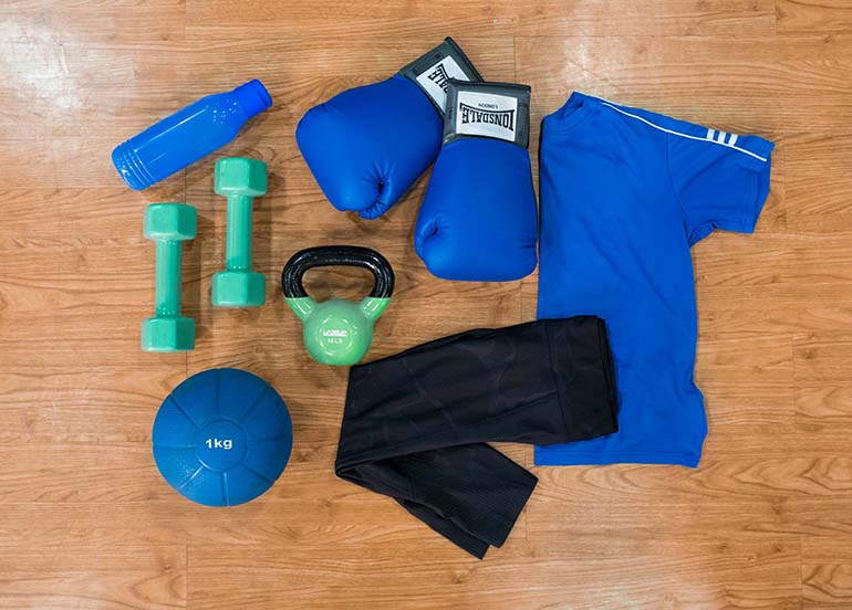fitness equipment, dumbells, weights, boxing gloves