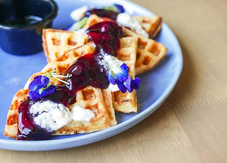 Waffle with Blueberries and Homemade Ricotta Cheese from BOA Kitchen + Socials