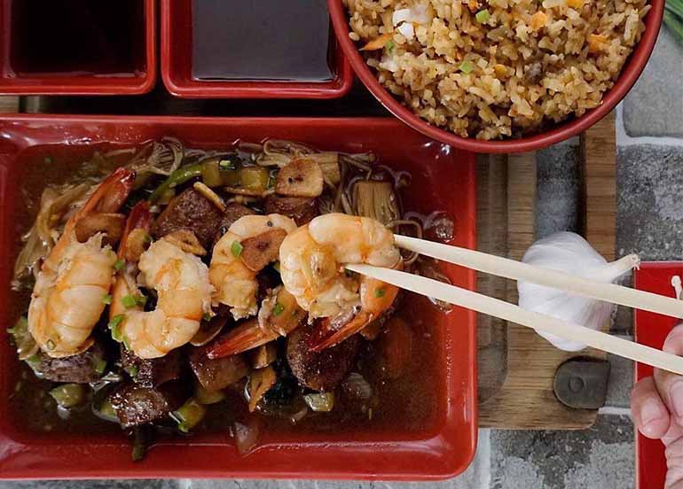 Grilled Wagyu Cubes and Shrimps, Enoki Mushrooms, Zucchini, Japanese Fried Rice