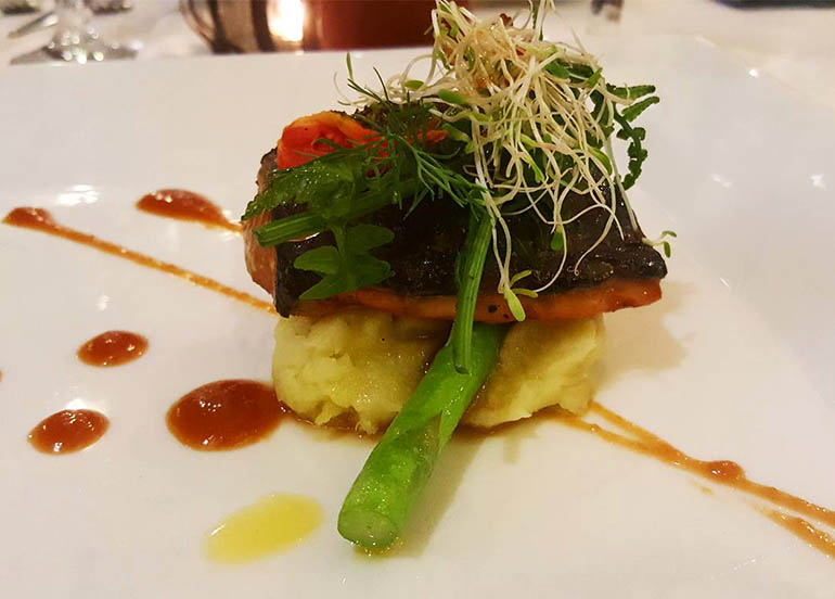 Honey Glazed Grilled Salom with Miso Sauce, Wasabi Mashed Potato, Asparagus and Tomato from NINYO 