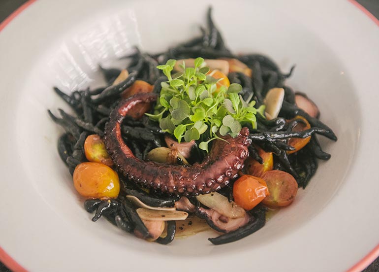Pici, Octopus, Squid Ink Pasta from Q & A Kitchen + Bar