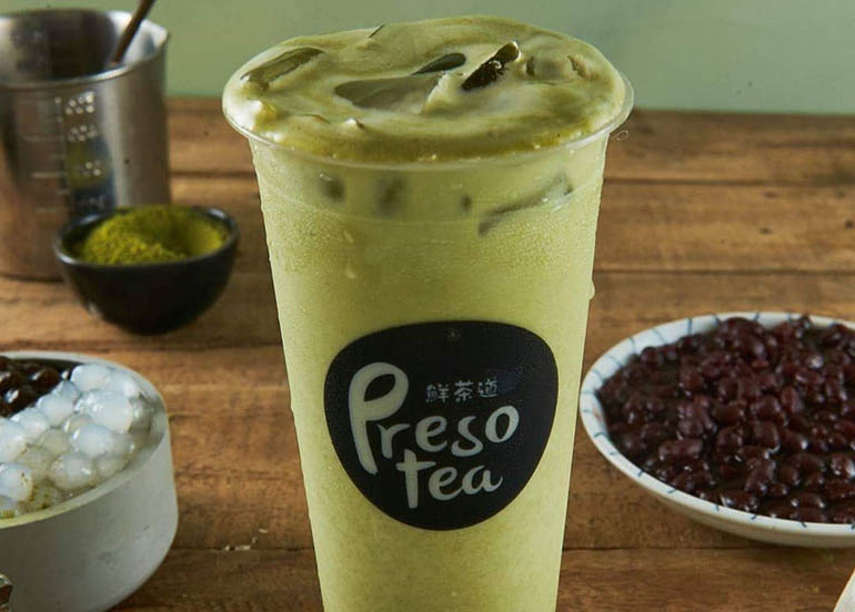 Matcha Latte with Red Bean and White Pearls from Preso Tea