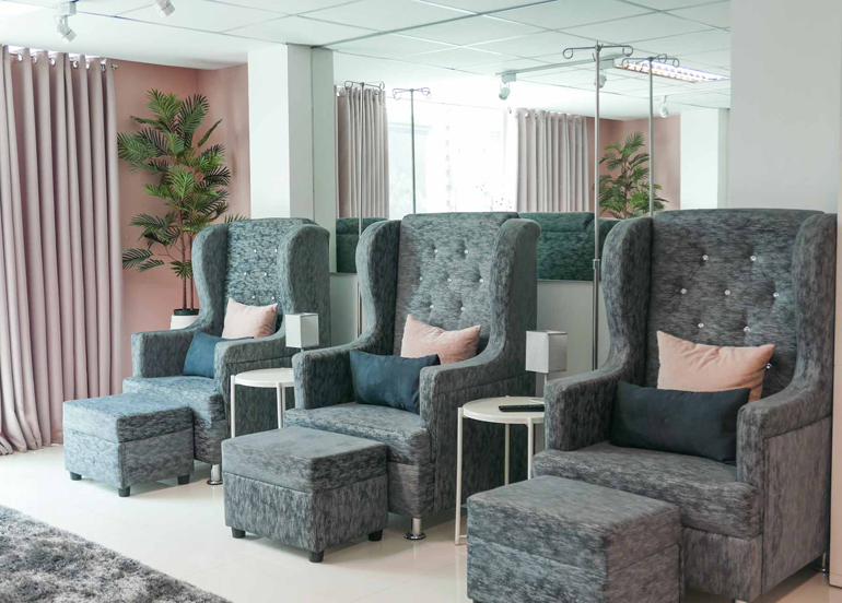 IV glow skin care lounge interior, chairs