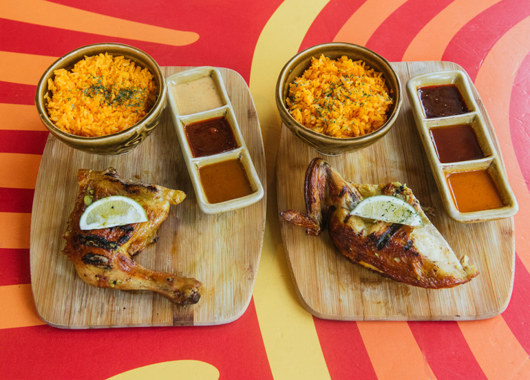 Peri-Peri Quarter Chicken with Rice and 3 Sauces