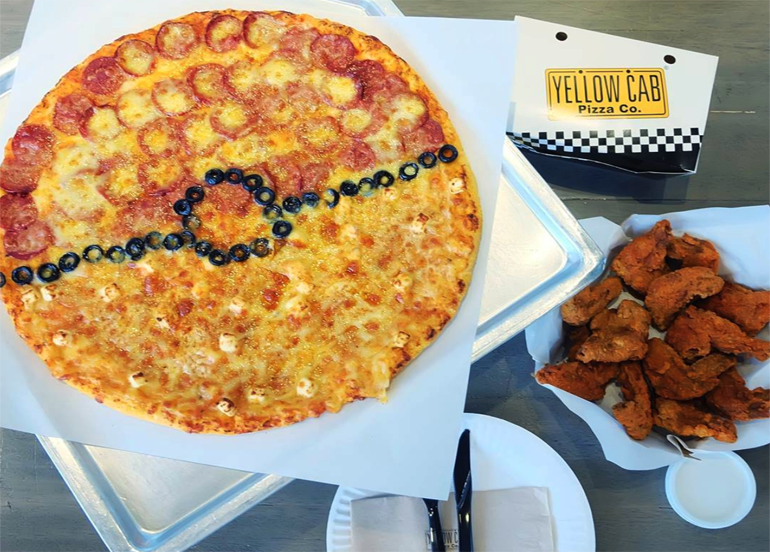 Yellow Cab Poke Ball Pepperoni and Cheese Pizza with Chicken Wings on the Side