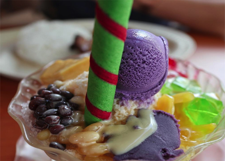Halo-Halo with Ube Ice Cream, Green Sticko, Beans, and Jelly