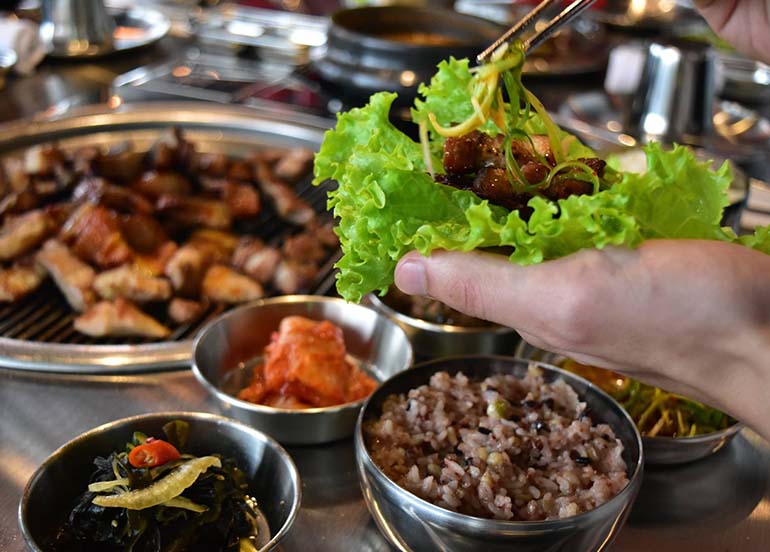 Lettuce, Rice, Kimchi, Beef, and Wrap from Songdowon Korean Restaurant