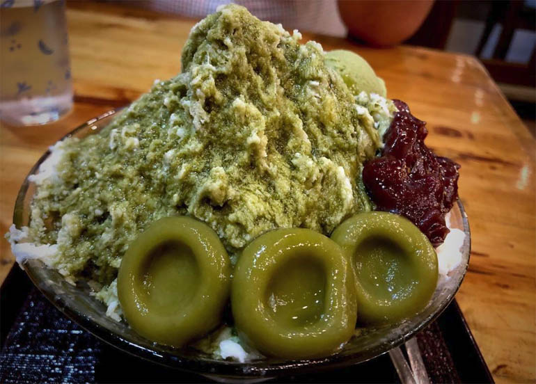 Matcha Kakigori from Ikigai Kakigori topped with green tea shiratama, adzuki bean, and matcha-flavored shaved ice
