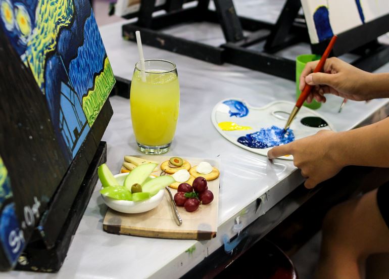 Fruits, Crackers, Cheese, and Drinks while Painting at Sip & Gogh