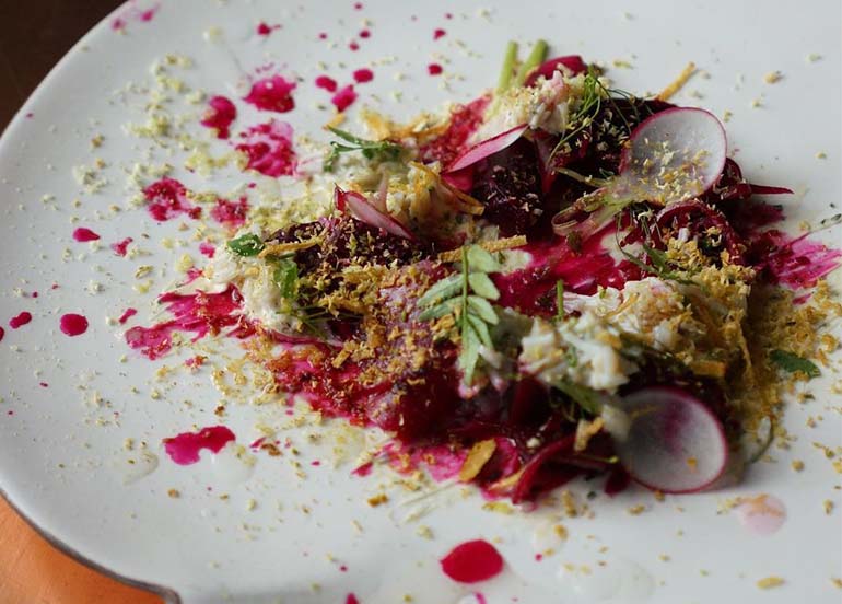 Summer Salad with Crab meat, Beets, Garlic and Miso Cream Cheese from Mecha Uma