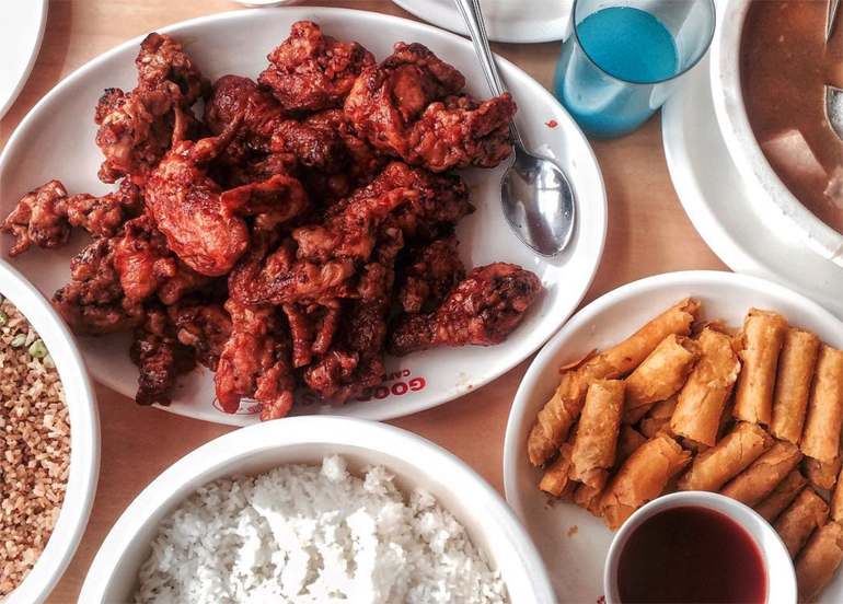 good taste buttered chicken, rice and lumpiang shanghai