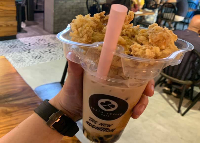 Wintermelon milk tea with chicken poppers on top