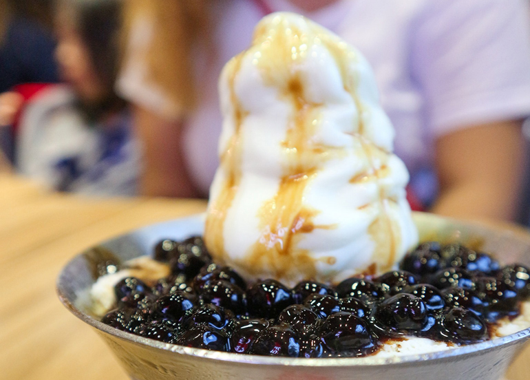 Milk Tea Bingsu from BonChon and Happy Lemon doused in brown sugar syrup and topped with brown sugar pearl 