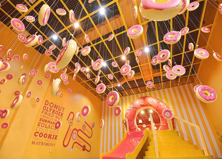 Donut room with donuts hanging from the ceiling