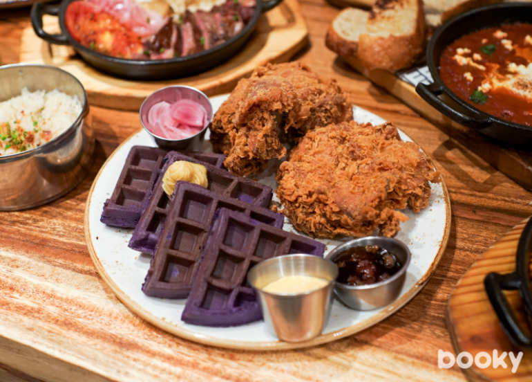 The Fat Seed Cafe + Roastery buttermilk fried chicken & ube waffles