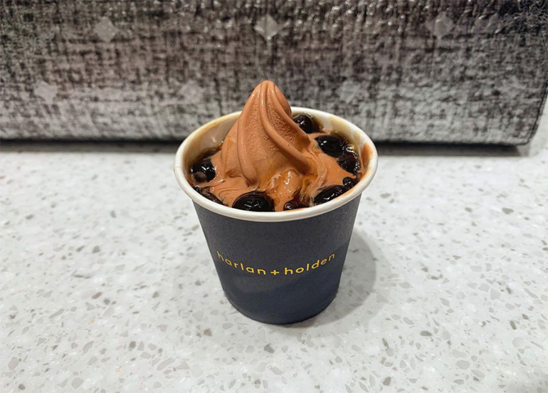 Harlan + Holden dark chocolate hazelnut soft-serve with milk tea pearls