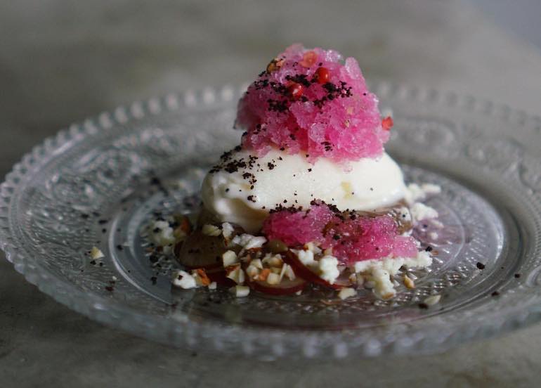 Mecha Uma dessert featuring sake kasu, blue cheese, beets, grape granita, and guava