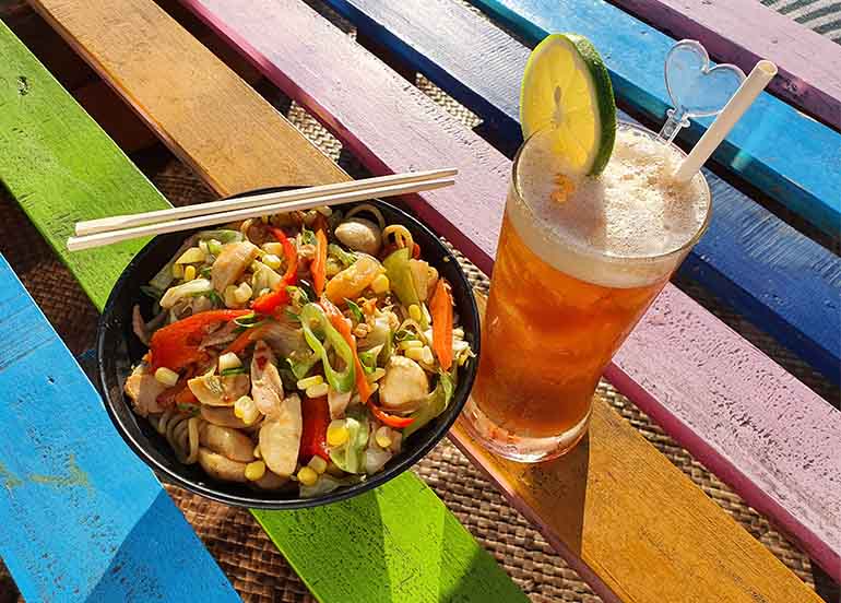 Mongolian Bowl with Iced tea from Pelican Sky Bar