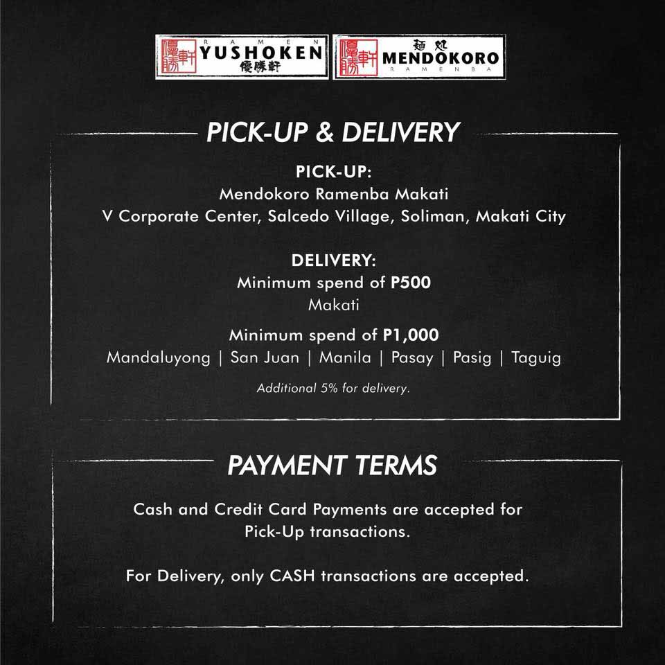 Pick up and Delivery Details from Mendokoro Ramenba