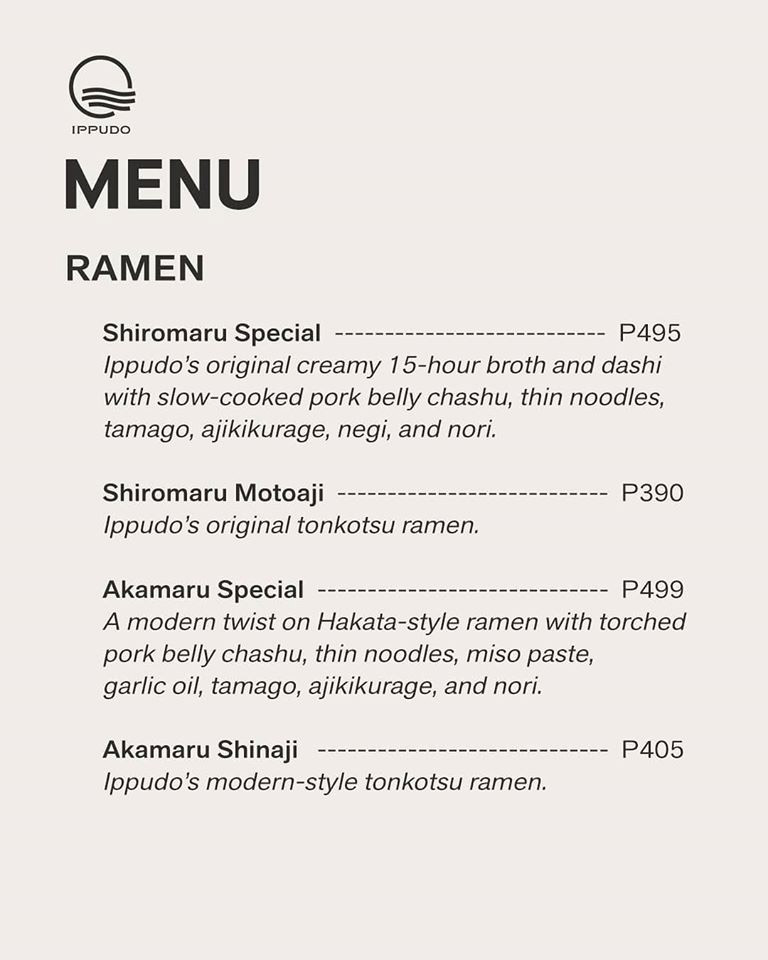 Delivery Menu of Ippudo Philippines