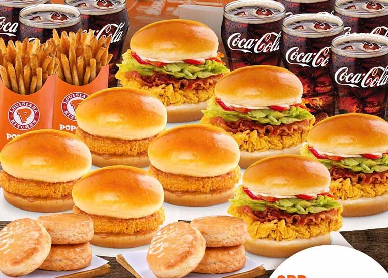 popeye's, burgers, fries, coke