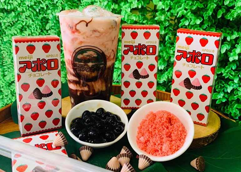 meiji apollo strawberry chocolate milk tea, forestea, san pablo city