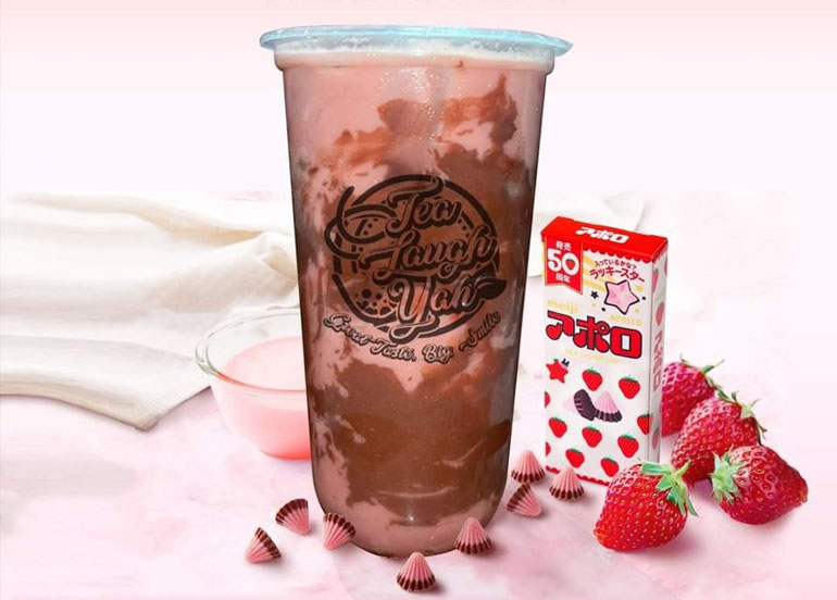 meiji apollo strawberry chocolate milk tea, tea laugh yah