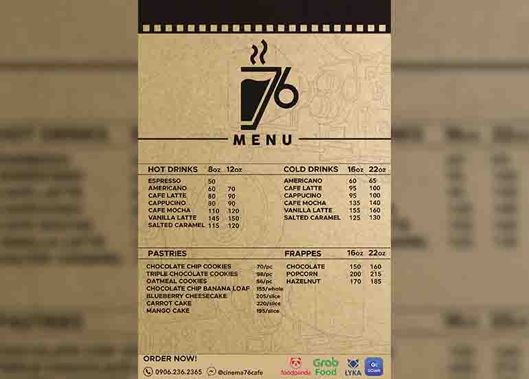 Cinema '76 Cafe menu