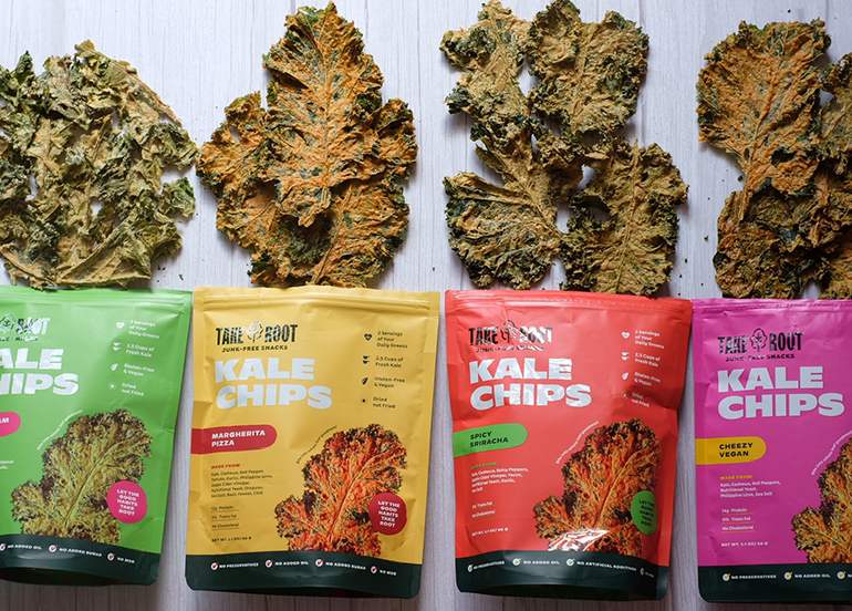 Take Root Kale Chips Sour Kream & Chive, Margherita Pizza, Spicy Sriracha, and Cheezy Vegan