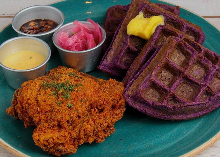 The Fat Seed Buttermilk Fried Chicken with Ube Waffle in Salted Egg