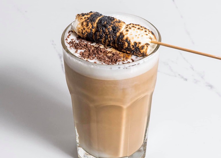 white camp coffee and kitchen campfire latte smores