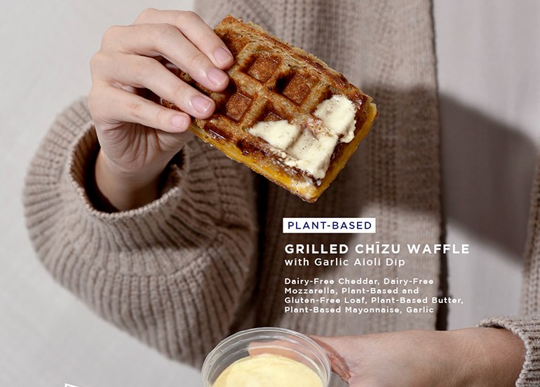 frnk milk bar plant based grilled chizu waffle with garlic aioli dip