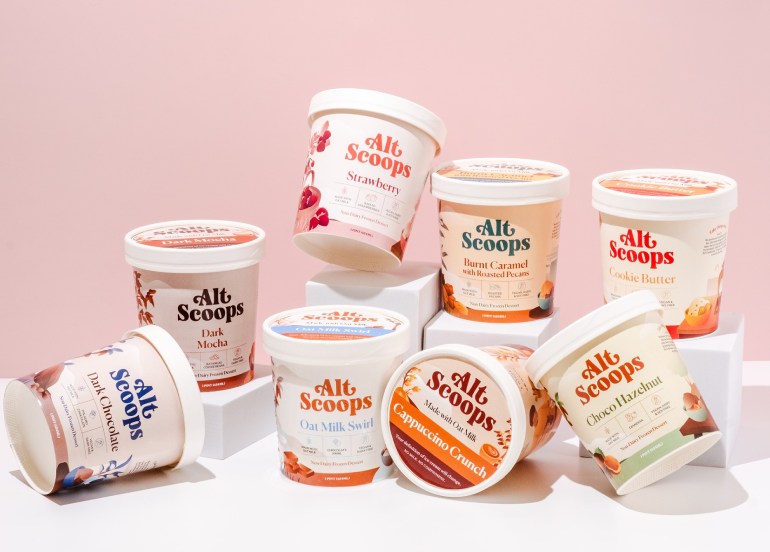 alt scoops low-calorie dairy-free non-dairy ice cream pints oat milk swirl choco hazelnut dark chocolate burnt caramel cookie butter dark mocha strawberry cappuccino crunch