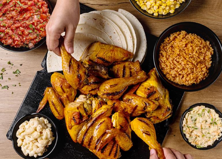 el pollo loco fire-grilled chicken salsa coleslaw macaroni salad spanish rice